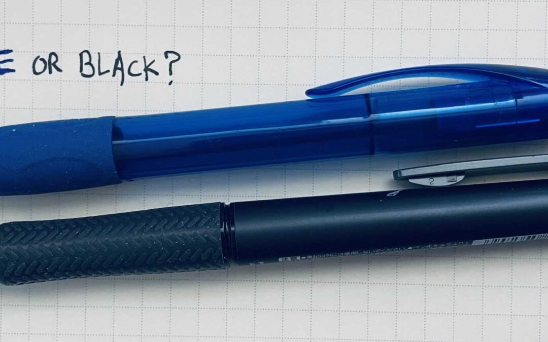 Blue pen and black pen with words "blue or black?" above