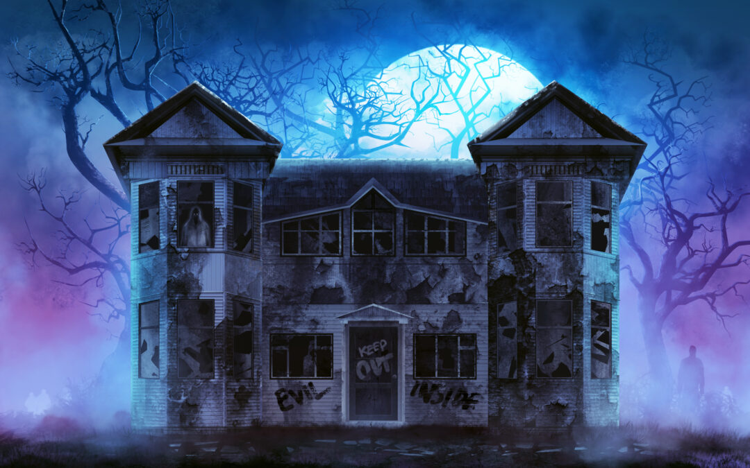 Old wooden grungy dark evil haunted house with evil spirits with full moon cold fog atmosphere and trees illustration.